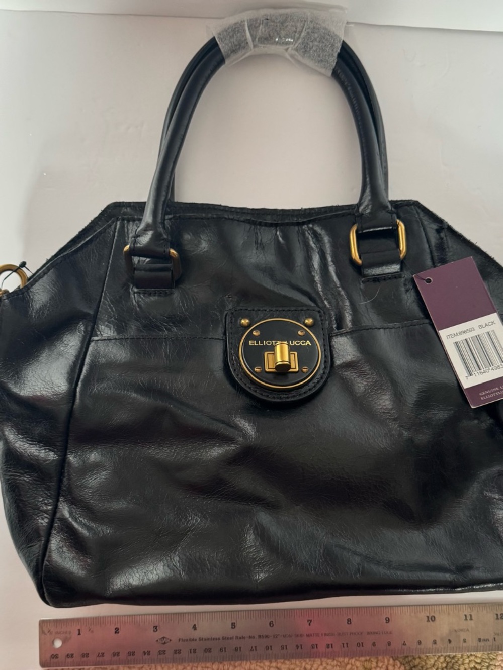 New Elliott Lucca Black Leather Handbag with Gold Hardware